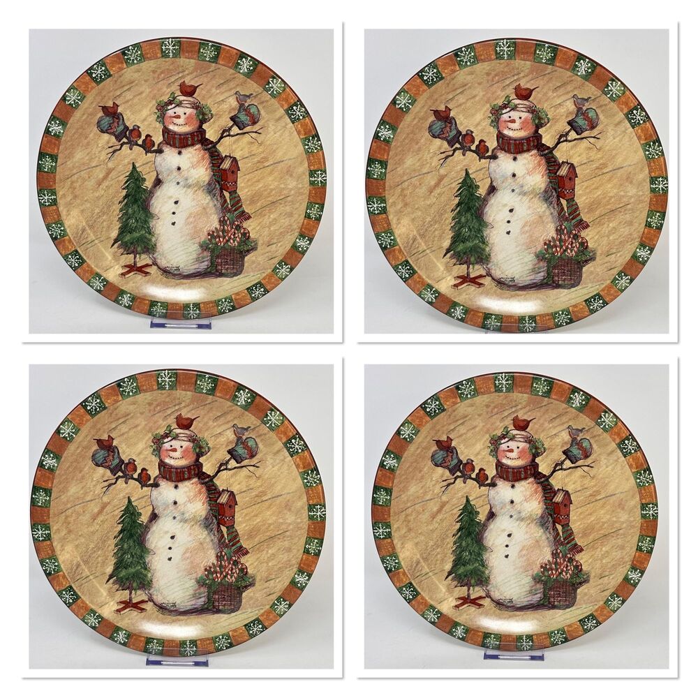 Vintage Susan Winget Country Snowman 1998 Winter Holiday Set of 4 Plates 10.5"